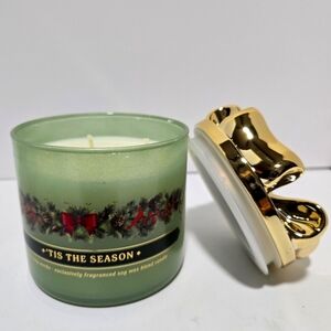 Bath & body works tis the season Christmas Gold bow top 3 wick candle new